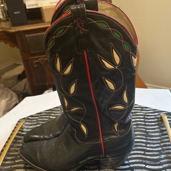 Vintage 1970s Polo Western by Ralph Lauren Black and Red Cowboy Boots 9 inlay - Picture 1 of 5
